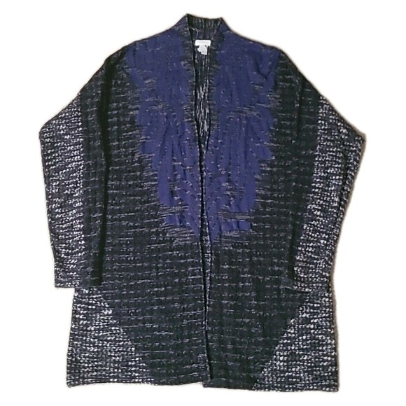 CHICO'S Cardigan Sweater Womens 2 (L) Duster Open Front Long Sleeve Blue Black - Picture 5 of 14